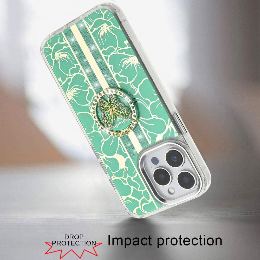 For Motorola Moto G Power 5G 2025 Diamonds 3D Butterfly Floral Design Bling Sparkly Glitter Hybrid Metal Fashion with Ring Stand Case Cover