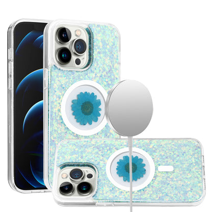 For Apple iPhone 17E /16E MagSafe Compatible Glitter Flower Epoxy Hybrid Slim TPU Case, Magnetic Circle Design, Sparkly Bling Protective Case Cover