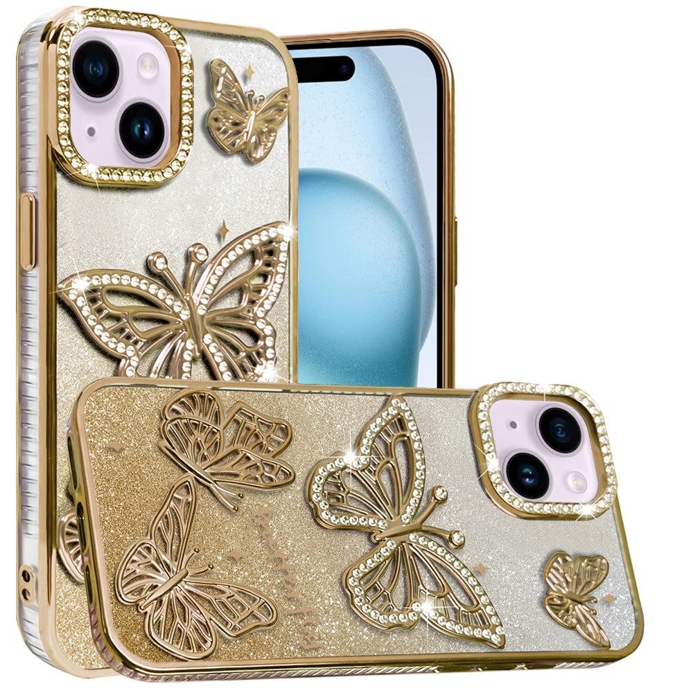 Phone Case for Apple iPhone 15 Plus Butterfly Freedom Shimmer Glitter Thick TPU Shockproof Anti Slip Durable Protective Design Cover