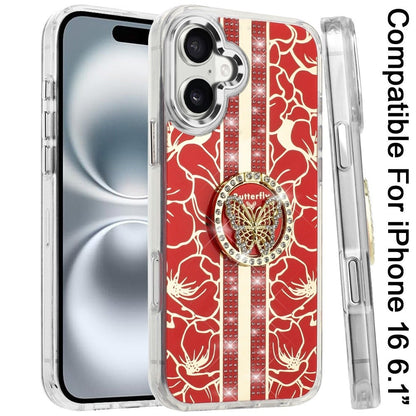 For iPhone 16 (6.1") Diamonds 3D Butterfly Floral Design Bling Sparkly Glitter Hybrid Metal Fashion with Ring Stand Case Cover