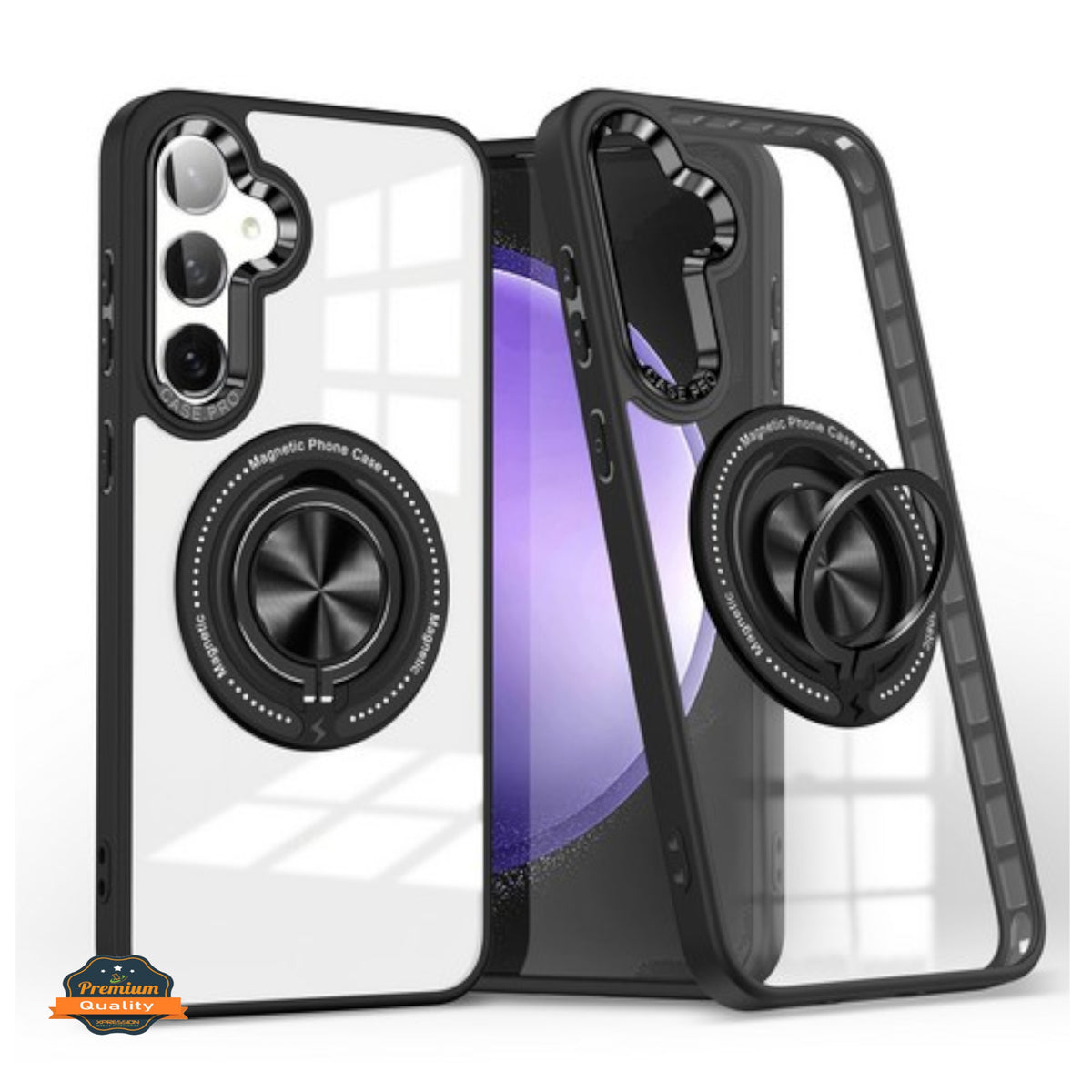 For Samsung Galaxy S25 /S24 Clear Transparent Back Hybrid with Rotating Ring Stand, MagSafe Compatible Shockproof Slim TPU PC Case Cover