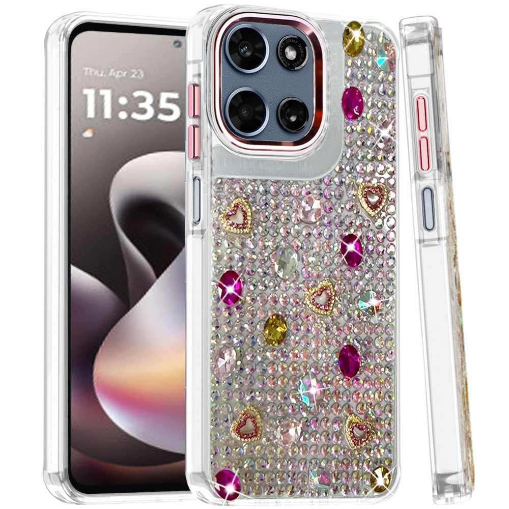 Phone Case for Motorola Moto G Stylus 5G 2026 /2025 Chrome Fashion Hybrid Bling Diamond Heart Rhinestone Decorative Stones Sparkling Embellished Design Cover