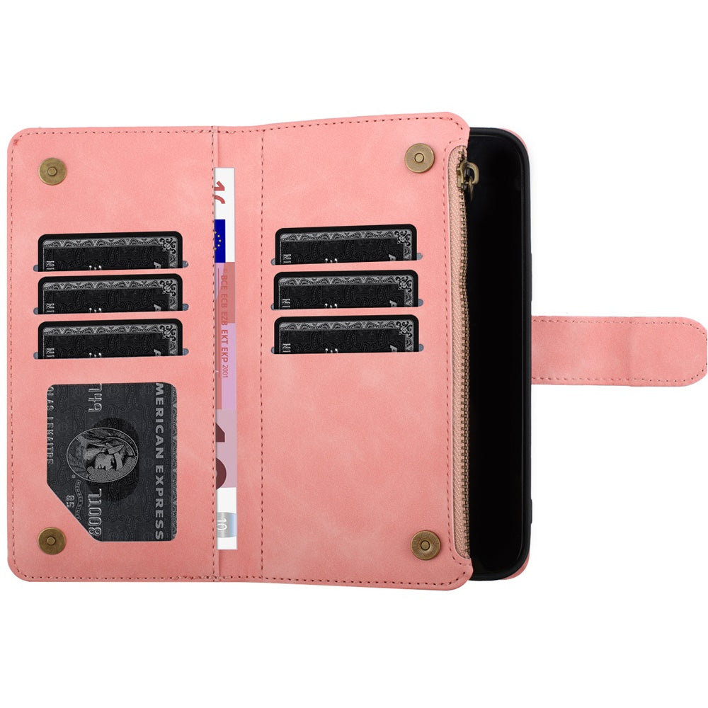 For Apple iPhone 16 Plus (6.7") PU Leather Wallet Design Jewel Bling with Credit Card Holder Flip Folio Pouch Zipper Purse Wrist Strap Case Cover