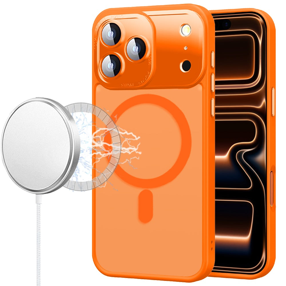 Phone Case for Apple iPhone 17 Pro Max Shockproof Magnetic Hybrid Metal Frame Tempered Camera Glass Lens Protector Military Drop Protection Armor Cover Orange