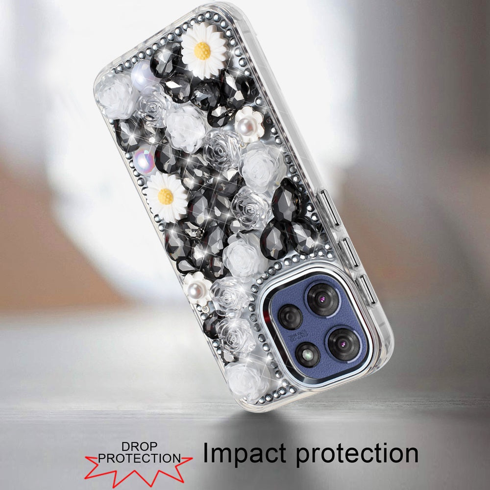 For Motorola Moto G Stylus 5G 2026 /2025 Fashion Daisy Floral Series, Full 3D Bling Crystal Diamonds Sparkling Rhinestone Glitter Hybrid Design Case Cover White