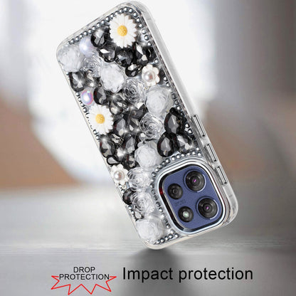 For Motorola Moto G 5G 2026/2025 Fashion Daisy Floral Series, Full 3D Bling Crystal Diamonds Sparkling Rhinestone Glitter Hybrid Design Case Cover White