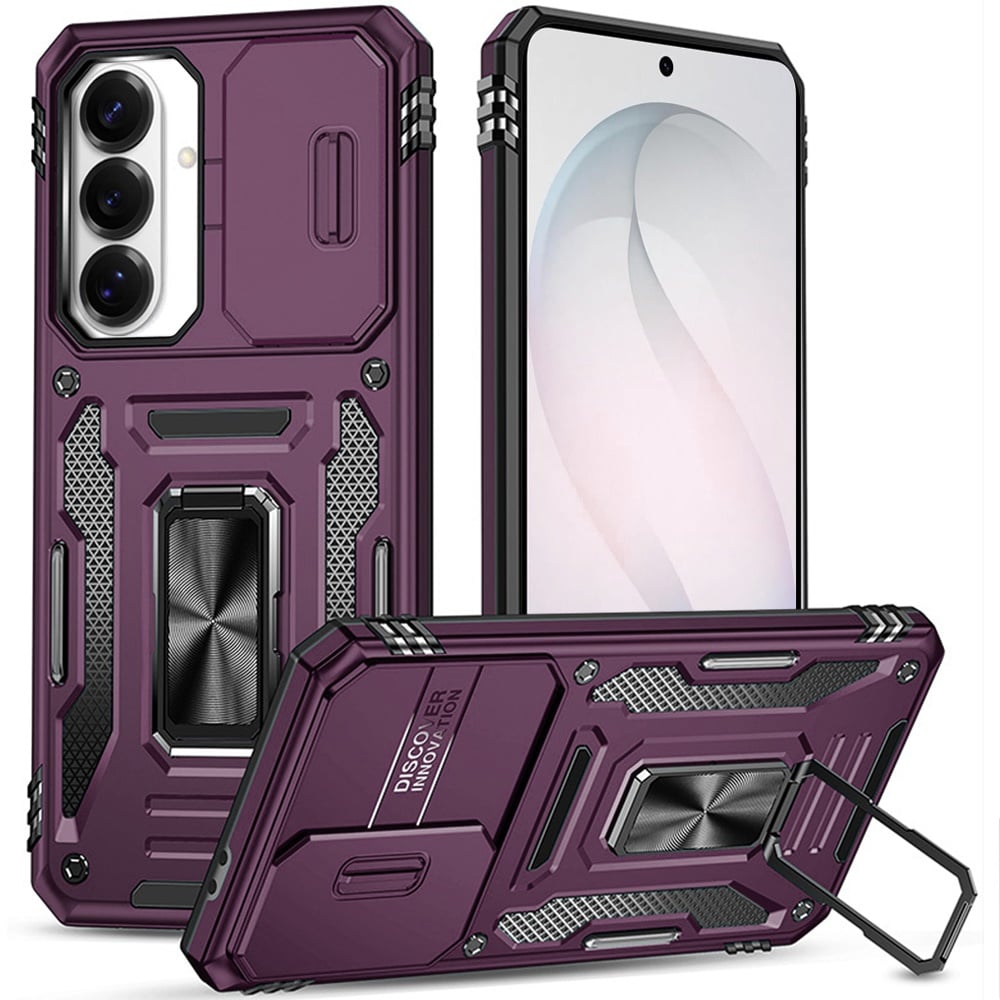 Phone Case for Samsung Galaxy S26 Tough Metal Ring Shockproof Sliding Camera Window Hybrid Armor Rugged Anti Slip Heavy Duty Grip Cover Purple