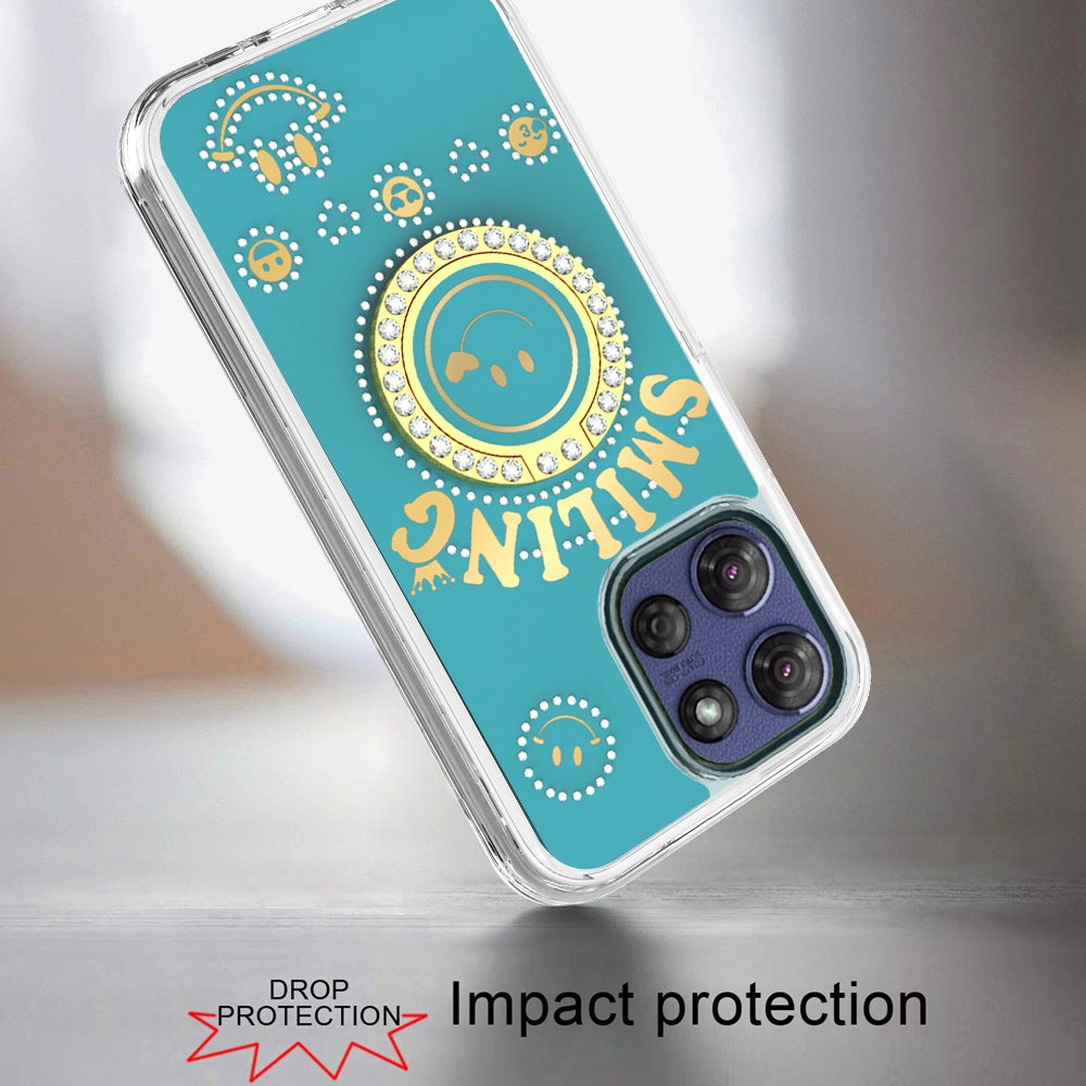 For Apple iPhone 17E /16E Smiling Glitter Bling Ornament Hybrid Shockproof Stylish Sparkle Design Secure Grip Durable Protection Case Cover Blue