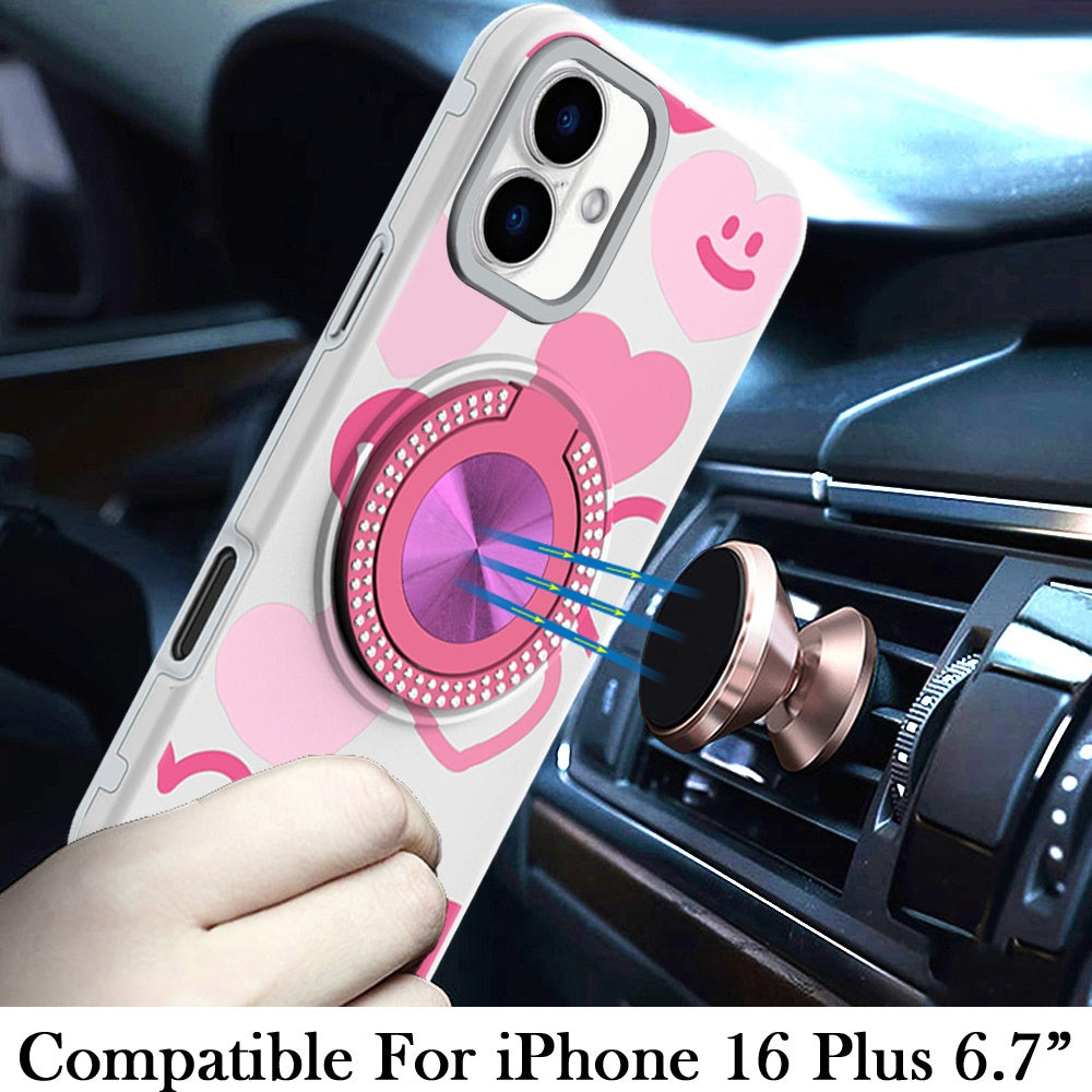 Phone Case for Apple iPhone 16 Plus Magnetic Ring Stand Matte Metal Hybrid Car Mount Friendly Shockproof Rotational Grip Diamond Design Pattern Cover Red