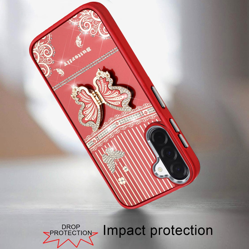 For Samsung Galaxy A36 Glitter 3D Butterfly Design Bling Metallic Edge Hybrid Stand Drop Protection TPU Shockproof Case Cover Red