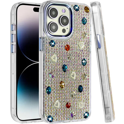 Phone Case for Apple iPhone 14 Pro Max Chrome Fashion Hybrid Bling Diamond Heart Rhinestone Decorative Stones Sparkling Embellished Design Cover
