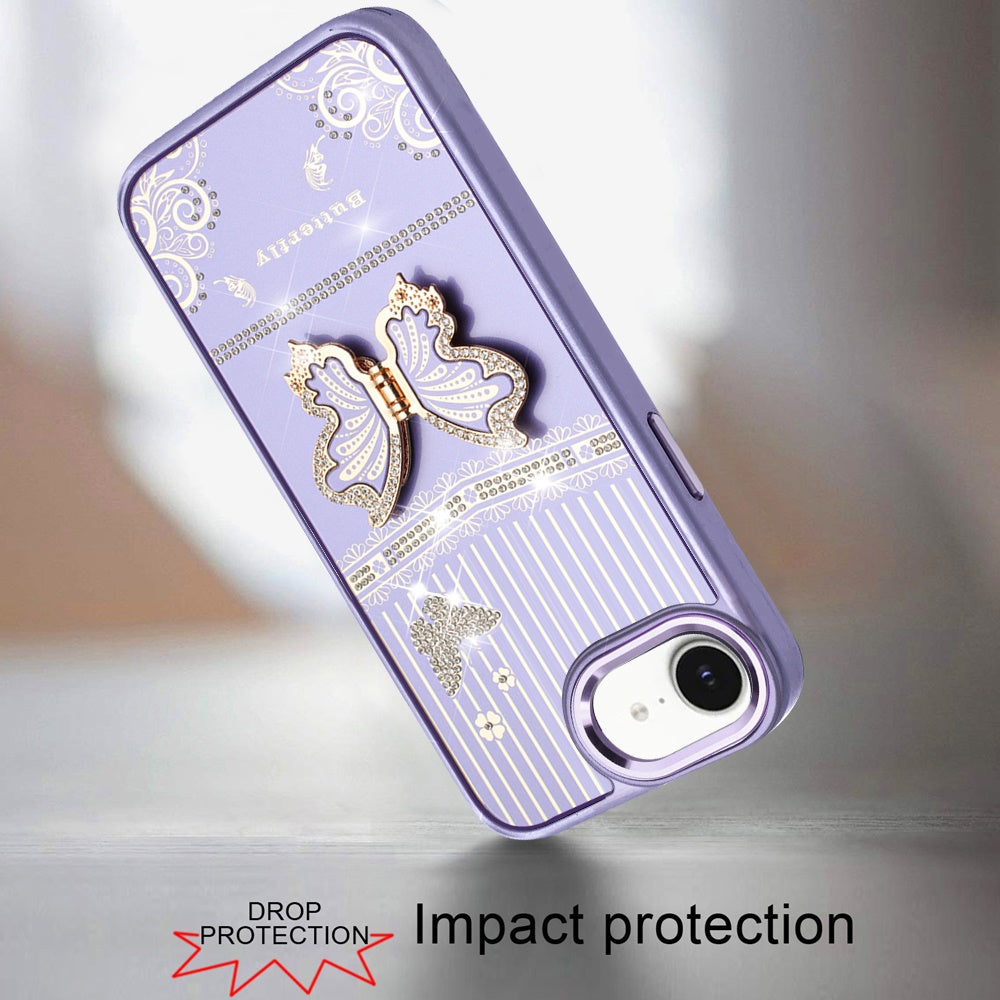 For Apple iPhone 17E /16E Glitter 3D Butterfly Design Bling Metallic Edge Hybrid Stand Drop Protection TPU Shockproof Case Cover Dark Purple