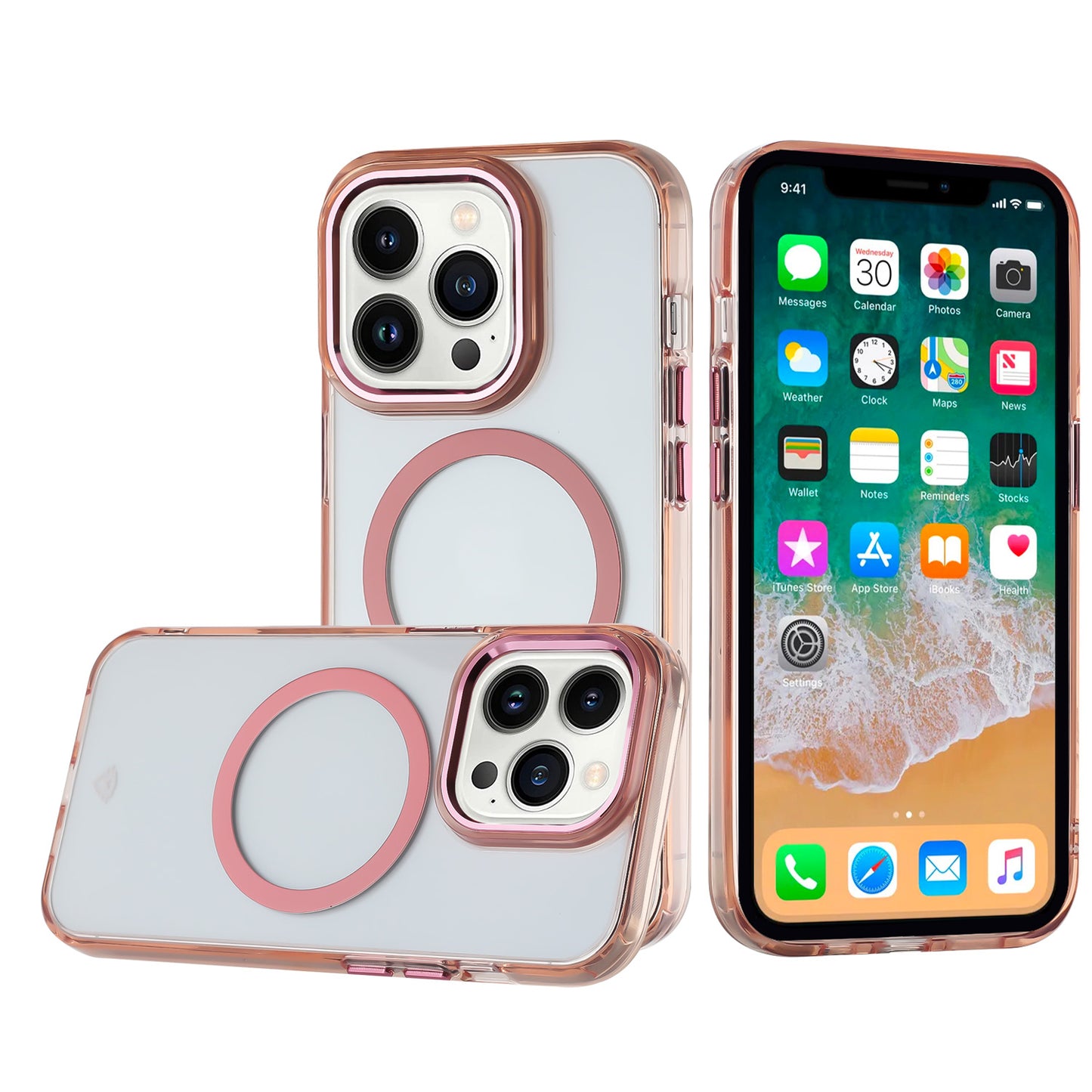 For Apple iPhone 15 Pro Transparent Back Hybrid Case - Magnetic Circle, Color Frame, Metal Buttons, MagSafe Compatible Case Cover Rose Gold