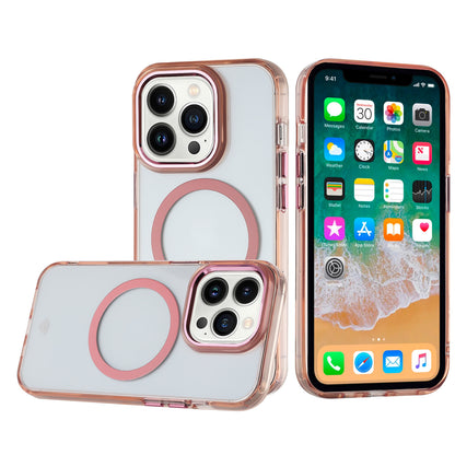 For Apple iPhone 15 Pro Transparent Back Hybrid Case - Magnetic Circle, Color Frame, Metal Buttons, MagSafe Compatible Case Cover Rose Gold