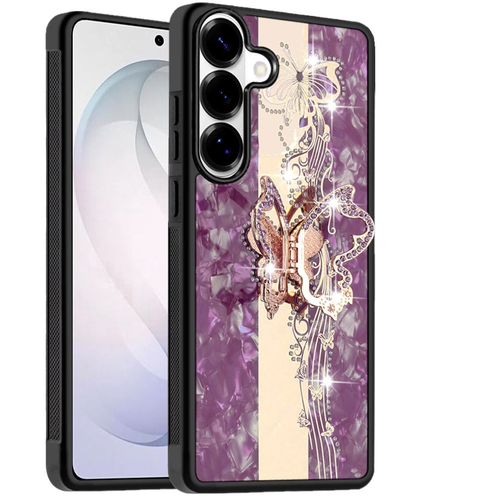 Phone Case for Samsung Galaxy S26+ / S26 Plus Diamond 3D Fashion Floral Glitter Engraved Luxury Bling Hybrid Shockproof Chrome Edge Protective Grip Cover Purple