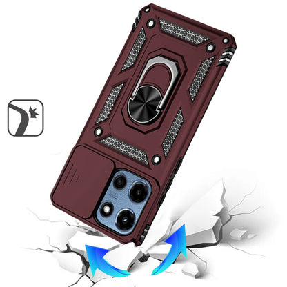 For Motorola Moto G 5G 2025 Hybrid Ring Shockproof with 360° Rotate Ring Kickstand, Camera Lens Protection, Soft Edge Bumper Case Cover Burgundy