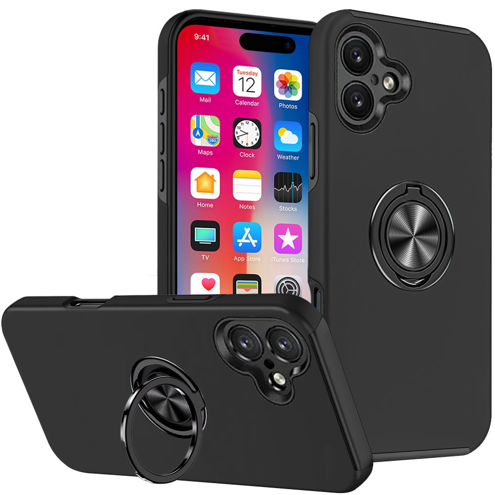 For Apple iPhone 16 (6.1") Hybrid Slim Kickstand with Metal Invisible Ring Stand Holder Fit Magnetic Car Mount Shockproof Case Cover