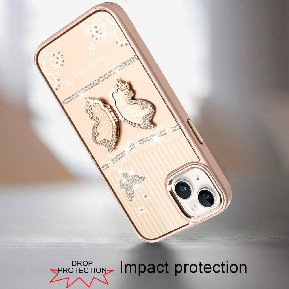 Phone Case for Apple iPhone 15 Glitter Bling Butterfly Stand Metallic Edge Hybrid Shockproof Grip Durable Camera Protection Stylish Design Cover Gold