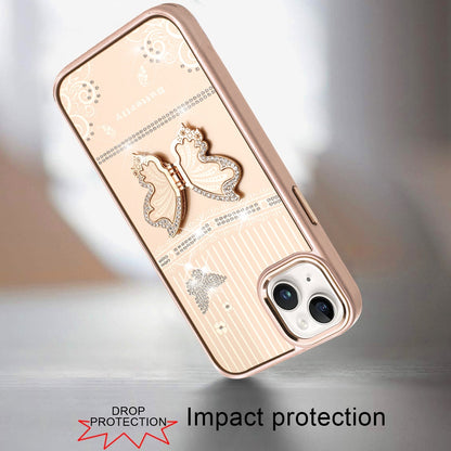 Phone Case for Apple iPhone 15 Glitter Bling Butterfly Stand Metallic Edge Hybrid Shockproof Grip Durable Camera Protection Stylish Design Cover Gold