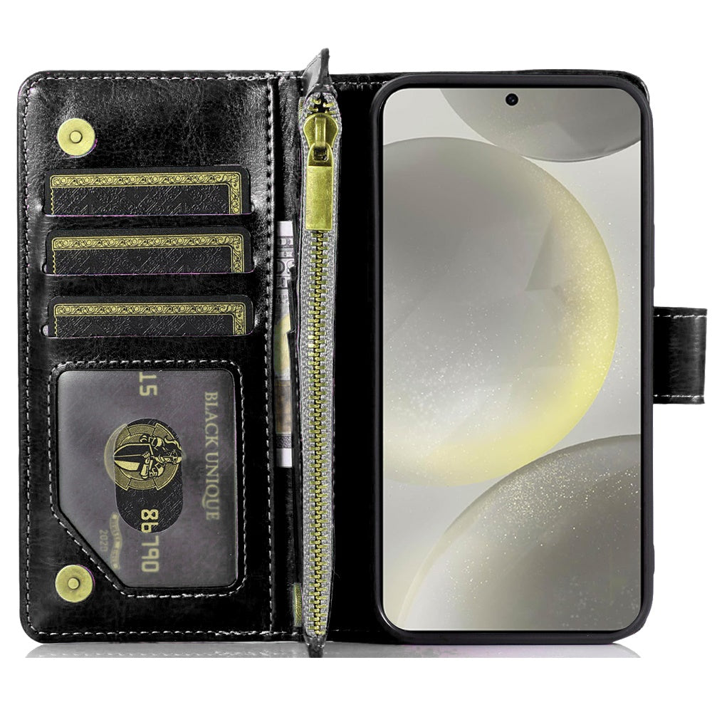 For Samsung Galaxy S25 Ultra Leather Wallet Case with Zipper, 9 Card Slots, Cash Pocket, Stand & Strap, Clutch Pouch Design Case Cover Black