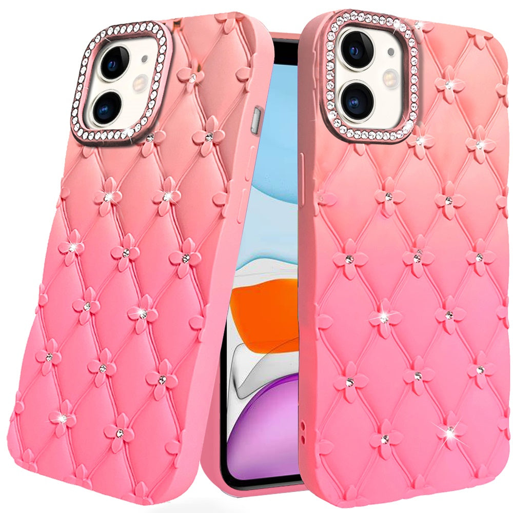 For Apple iPhone 11 Fashion Flower Design Sparkle Glitter Shimmer Rhinestone Bling Floral Accents, Leather Texture TPU Case Cover Orange /Pink