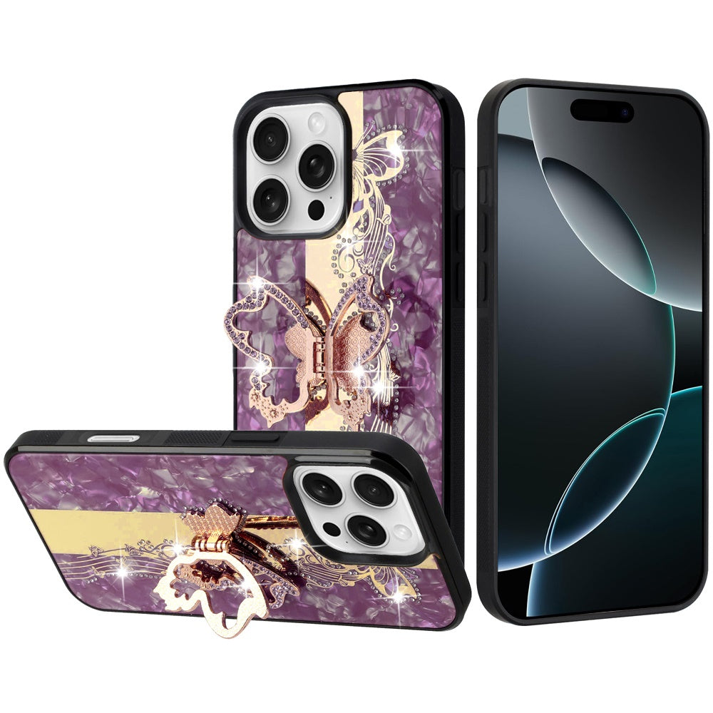 Diamond Glitter Butterfly Engraved Ring Stand Luxury Bling Hybrid Shockproof Chrome Edge Protective Durable Grip