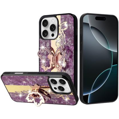 Diamond Glitter Butterfly Engraved Ring Stand Luxury Bling Hybrid Shockproof Chrome Edge Protective Durable Grip