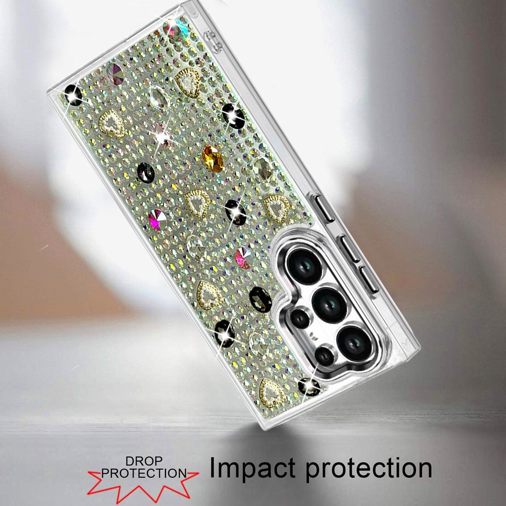 Phone Case for Samsung Galaxy S24 Ultra Chrome Fashion Hybrid Bling Diamond Heart Rhinestone Decorative Stones Sparkling Embellished Design Cover