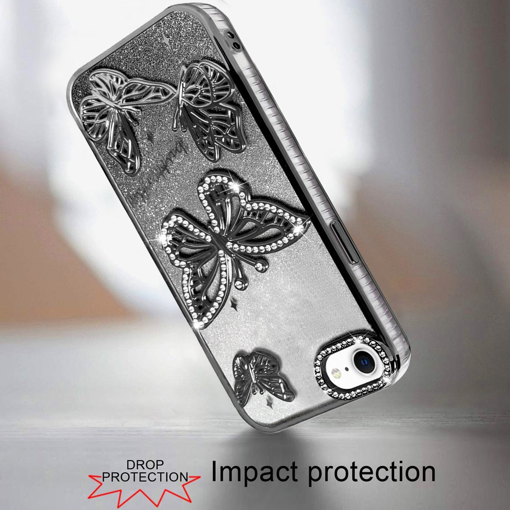For Apple iPhone 17E /16E Luxury Butterfly Sparkle Glitter Diamond Crystal Rhinestone Shimmer Bling Plating Thick TPU Hard PC Case Cover
