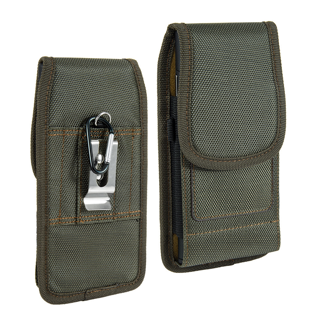 For Apple iPhone 16 Pro (6.3") Universal Nylon Pouch Case Vertical Phone Holster with Dual Card Slots, Pen Holder, Belt Clip Loop & Hook Cover [Green]