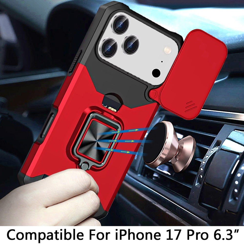 For Apple iPhone 17 Pro (6.3") Wallet Case with Ring Stand & Slide Camera Cover Back Credit Card Slot Holder, Military Grade Case Cover