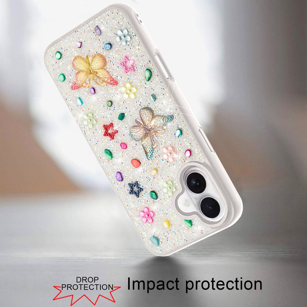 For Apple iPhone 17 (6.3") Diamond Butterfly 3D Glitter Bling Design, Slim Hybrid Sparkle Protective Cover TPU for Women Girls Case Cover