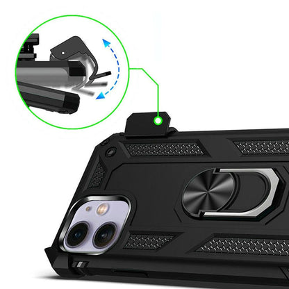 For Apple iPhone 16e Hybrid Combo Belt Clip Holster with Ring Stand Holder, Military Grade Fit Magnetic Car Mount Shockproof Case Cover Black