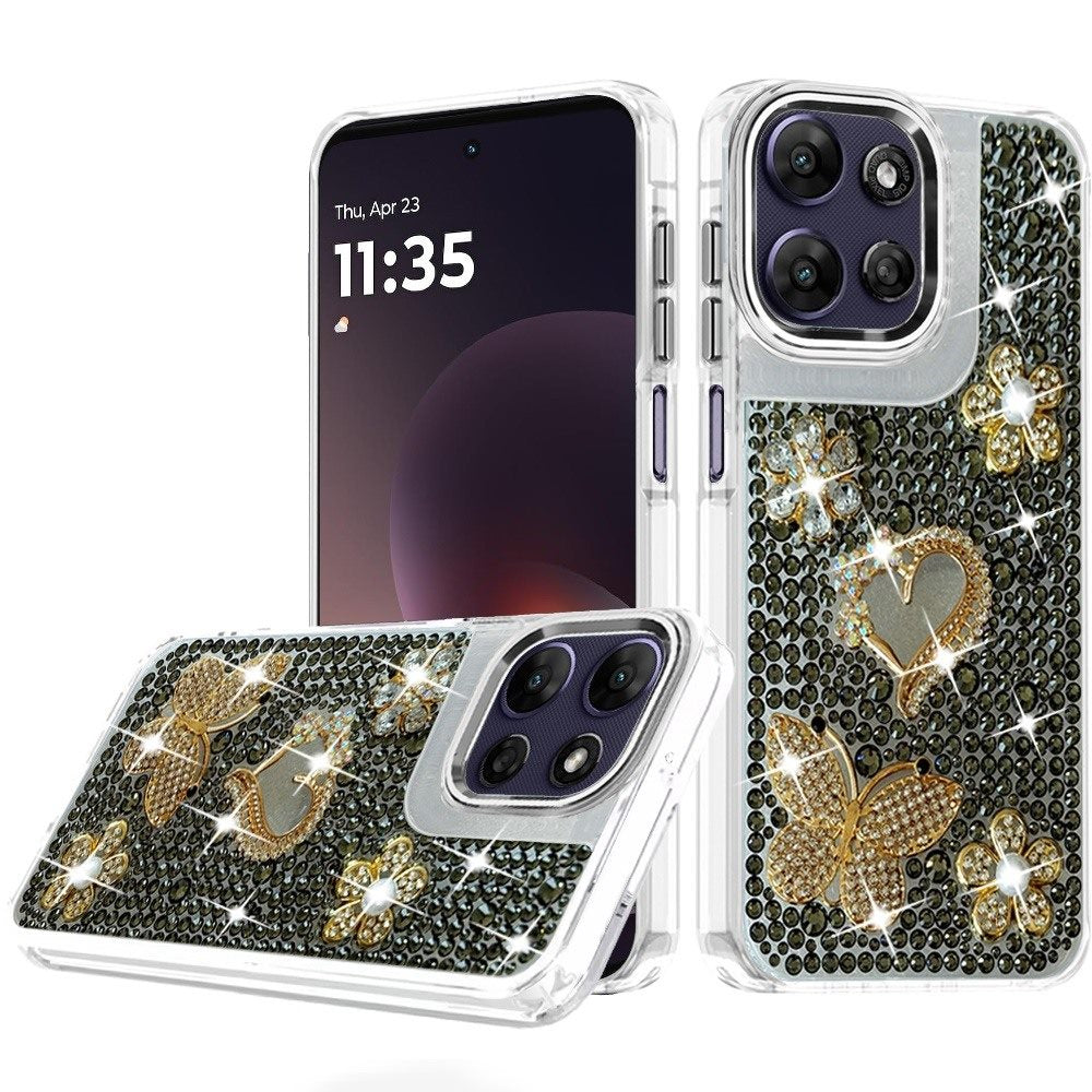 Phone Case for Moto G Power 5G (2026/2025) Luxury Crystal Butterfly Floral Jeweled Heart Full Diamond Design, Sparkling Decorative Details, Elegant Style Cover Black