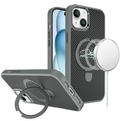 For Apple iPhone 15 Hybrid Carbon Fiber Design with MagSafe Compatible [Magnetic Circle], Ring Stand Shockproof Slim TPU Case Cover