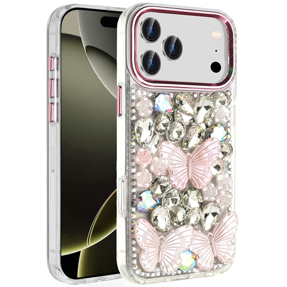 Phone Case for Apple iPhone 17 Pro Max Luxury 3D Floral Butterfly Bling Rhinestone Glitter Shockproof Stylish Protective Hybrid Designer Metallic Cover Pink