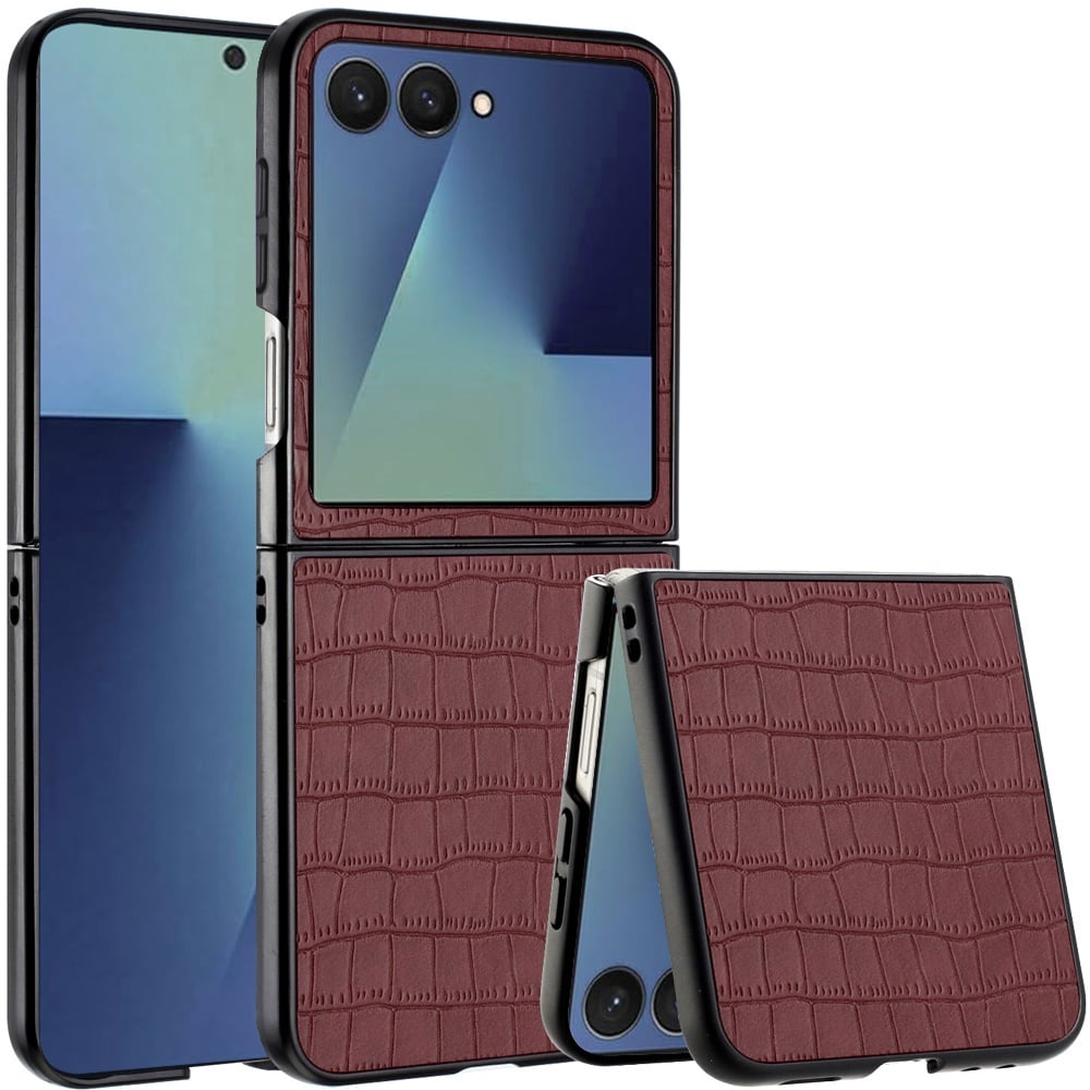 Phone Case for Samsung Galaxy Z Flip 8 Premium PU Vegan Leather Hard Shell Snap On Slim Fit Hybrid Protective Reinforced Design Cover Brown