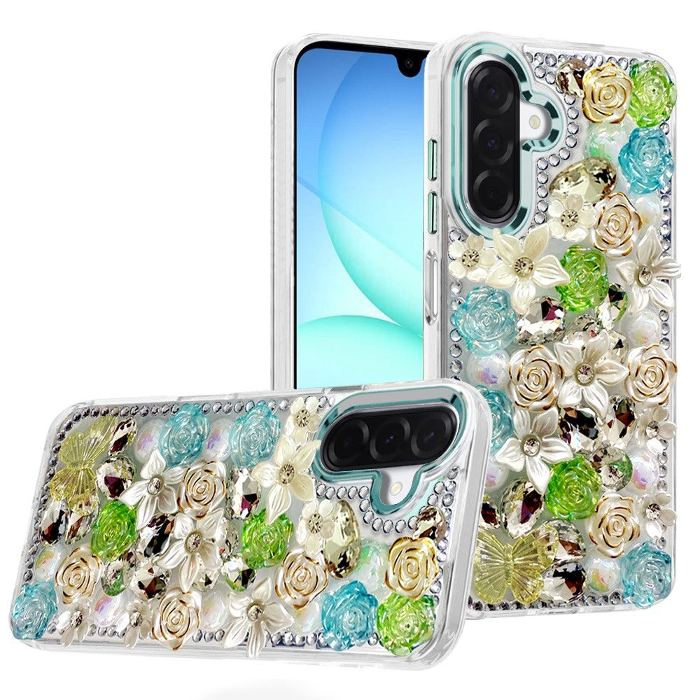 For Samsung Galaxy A57 3D Diamond Floral Roses Flower Bling Stone Hybrid, Sparkly Rhinestone Gemstone Back Shockproof Case Cover