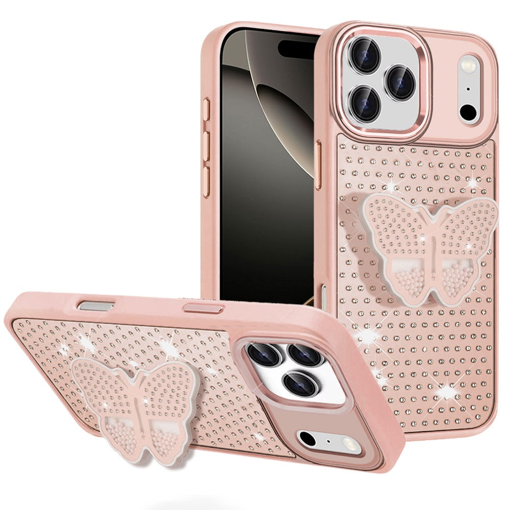 For Apple iPhone 17 Pro Max (6.9") Butterfly Moveable Grip 3D Pop Stand Full Diamond Bling Sparkling TPU Fashion Hybrid Case Cover