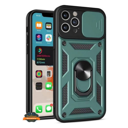 For Apple iPhone 16 Pro (6.3") Built in Sliding Camera Lens Protection & Finger Ring Stand Holder Hybrid PC Shockproof Case Cover
