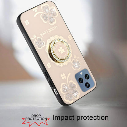 For Apple iPhone SE 4 Diamonds 3D Fashion Floral Bling Sparkly Glitter Ornaments Engraving Hybrid with Ring Stand Case Cover Gold Good Luck Floral