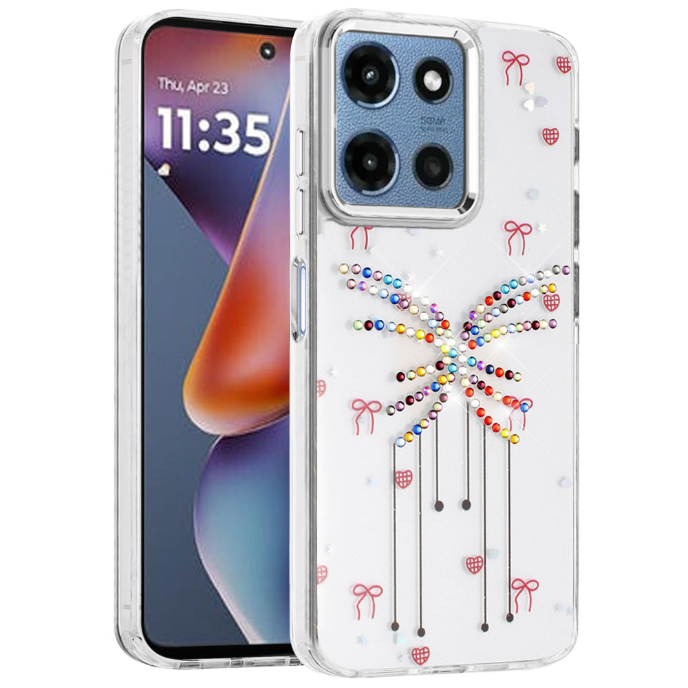 For Motorola Moto G Play 5G 2026 Butterfly Resin Epoxy Diamond Design Metal Edged Hybrid Shockproof Heavy Duty Drop Protection Case Cover