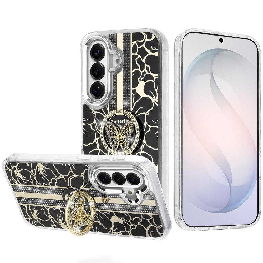 Phone Case for Samsung Galaxy S26 FE /S26 Fan Edition Floral Butterfly Ring Stand Glitter Bling Shockproof Hybrid Luxury Fashion Protective Anti Slip Durable Grip Cover