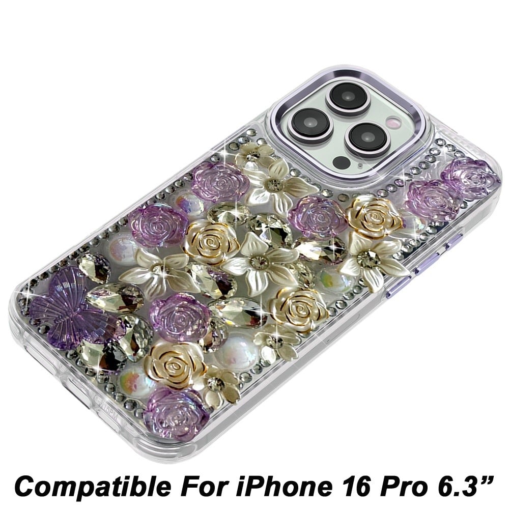 Phone Case for Apple iPhone 16 Pro Luxury Rose Bling Rhinestone Glitter Floral Hybrid Shockproof Stylish Protective Designer Ornament Sparkle Cover Purple