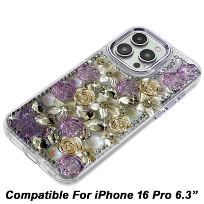 Phone Case for Apple iPhone 16 Pro Luxury Rose Bling Rhinestone Glitter Floral Hybrid Shockproof Stylish Protective Designer Ornament Sparkle Cover Purple