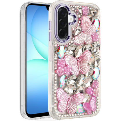 For Samsung Galaxy S25 FE, S25 Fan Edition 3D Diamond Floral Butterfly Bling Stone Hybrid, Sparkly Rhinestone Gemstone Back Shockproof Case Cover Purple