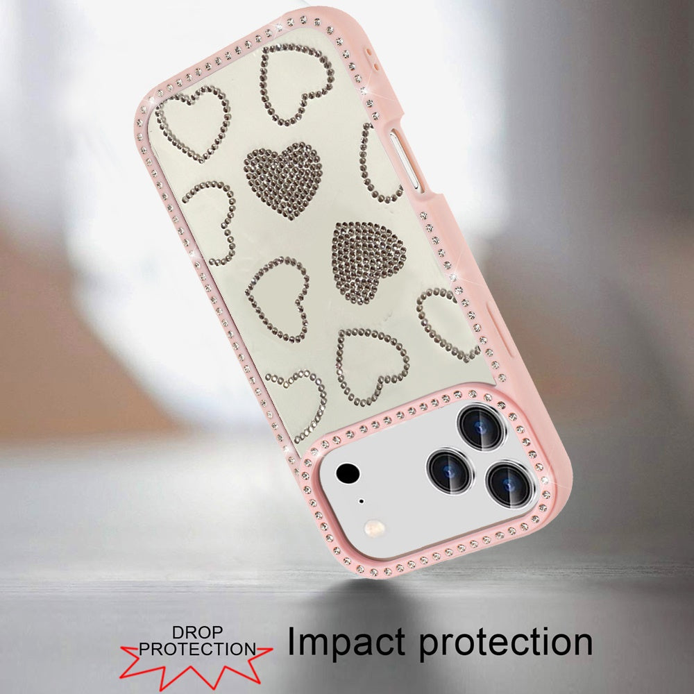 Phone Case for Apple iPhone 17 Pro Max (6.9") Spread Love Hearts Glitter Shimmer Bling Diamond Edge Shockproof Hybrid Stylish Protective Slim Grip Designer Cover Pink