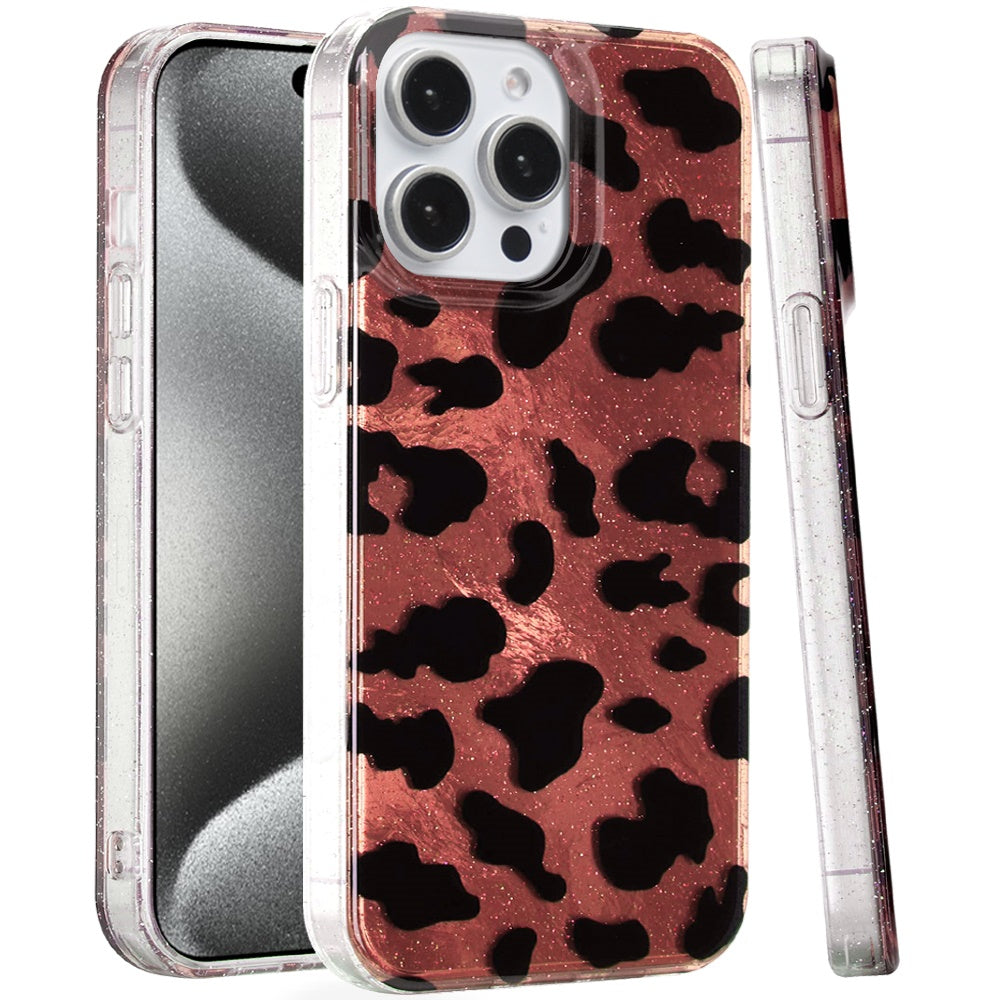 For Apple iPhone 15 Pro Max Glitter Leopard, Fashion Design Animal Skin Print Slim IMD TPU Dual Layer Shockproof Protective Case Cover