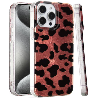 For Apple iPhone 15 Pro Max Glitter Leopard, Fashion Design Animal Skin Print Slim IMD TPU Dual Layer Shockproof Protective Case Cover