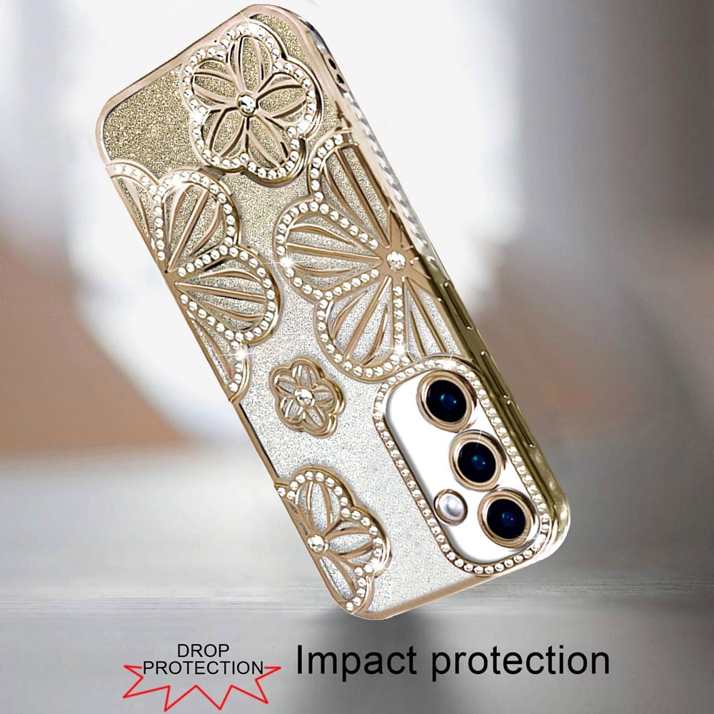 For Samsung Galaxy A16 5G Luxury Flower Design Sparkle Glitter Diamond Rhinestone Shimmer Bling Plating Thick TPU Hard PC Case Cover Gold
